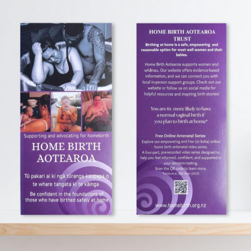 Purple card depicting women giving birth at home